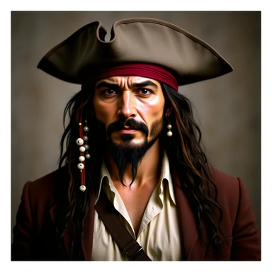 realistic portrait of Jack Sparrow, pirate captain, detailed pirate attire, tricorn hat, beaded hair, photorealistic style sticker