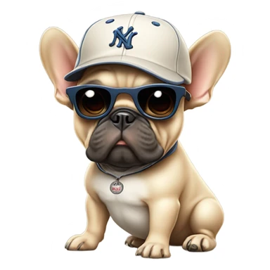 A beige French bulldog with a baseball bat and a baseball cap on with dark sunglasses sticker