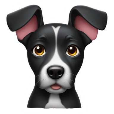 black dog with big up ears holding up a heart sticker