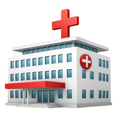 A hospital building with a large red +. In PNG format. sticker