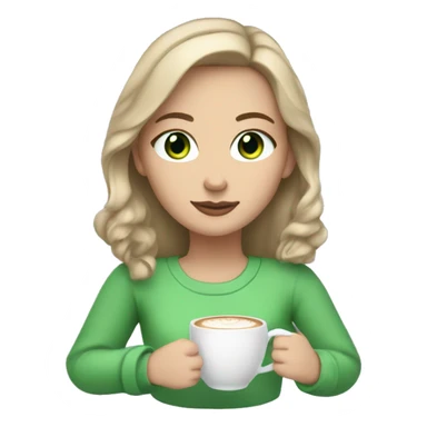 A white girl with dark blonde hair, green eyes, and is wearing a lilac sweater sipping a latte sticker