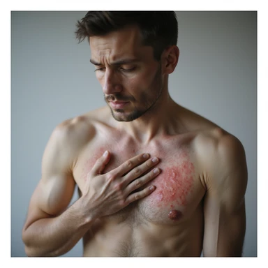 realistic man with inflamed rash on torso and arm, gently examining skin, concerned expression, soft lighting, neutral background, medical realism, dermatology focus, 4K sticker