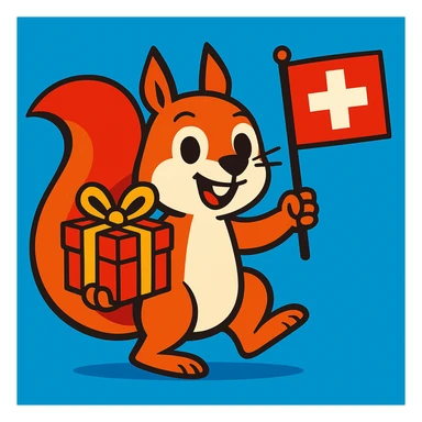 squirrel holding a gift in one hand and a Swiss flag in the other, vibrant toon style sticker