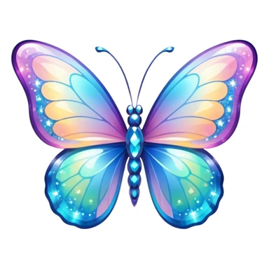 Transparent Shiny Glossy Pastel Gradient Hue Iridescent Crystal Butterfly with bright sparkles and sparkling glitter swirling around it sticker