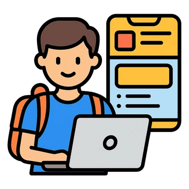 college student using a laptop, designing a mobile app interface sticker