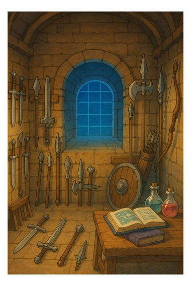 A virtual simulated training environment for combat drills, configured with swords, daggers, axes, maces, halberds, bow and arrows, and shields, as well as spell books and potions  sticker