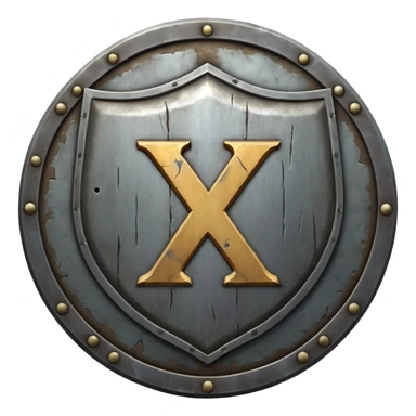 a battle worn steel shield with engraved roman numerals "XXX", the roman numerals should be prominent and in the center of the shield sticker