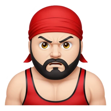 White skin fat guy with black durag, black beard, black eyes in a red and black wrestling singlet with angry face sticker