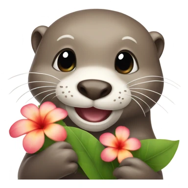 A happy and cute otter face holding a Hawaiian flower sticker