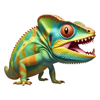 cinematic giant-yawning chameleon-realistic emoji, mouth wide open with tongue out, -blending-with-vibrant-greenery.-detailed-scales-in-shifting-colors,-showing-the-chameleon’s-ability-to-camouflage.-soft-natural-light-highlights-its-texture.-light-background, zoomed into its face sticker