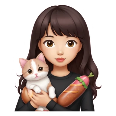 Asain girl with pink blush, wearing a black skinny top, long dark brown curled hair with straight bangs. Carrying a white kitten and a brown sausage puppy.  sticker