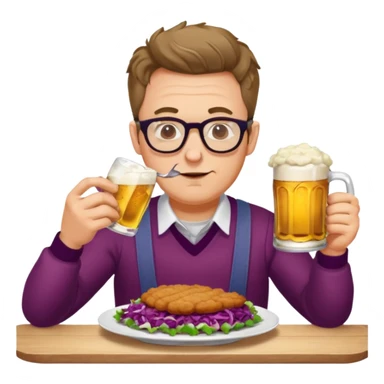 Man with glasses german eating schnitzel, red cabbage, sauerkraut, potato salad, and beer sticker