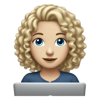 A white girl with curly hair and blue eyes is working on a laptop sticker