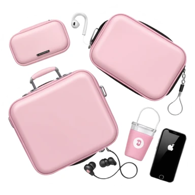 Travel accessories flatlay: pastel pink luggage scale, earbuds case, clear water cup, soft fabric sticker