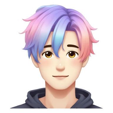 Gorgeous anime style guy with blushing face aesthetic and pretty colorful shiny gradient pastel hair trending style sticker