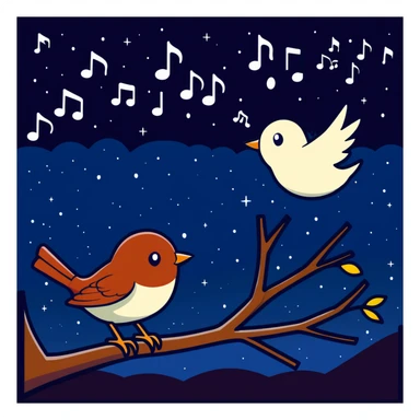 a nightingale bird singing with musical notes visible, flying against a dark starry night sky sticker