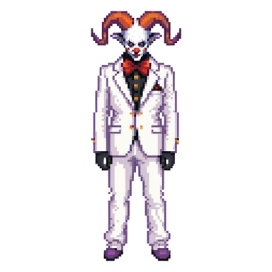 full-body demonic clown in a white leisure suit with bellbottom pants, bald, with black ram horns, wearing elevator shoes sticker
