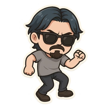 a dark brooding hipster with electric dark blue hair, surfer middle part, chin length hair, classic neat trimmed bushy goatee, black classic rayban shades, plain gray t-shirt, doing the shuffle dance, step shuffle tiktok dance, 1980's dance sticker