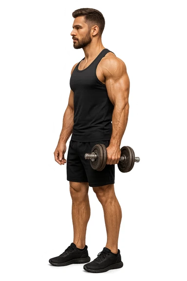 uomo fitness di profilo a figura intera con manubrio da palestra in mano, iperrealistico 4k sticker