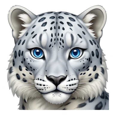 Cinematic-Noble-Snow-Leopard-Portrait-Emoji – Poised and majestic, with a muscular, agile build and a beautifully patterned coat of soft white and grey fur, marked with striking, deep-set, intelligent icy blue eyes, simplified yet sharp and sophisticated zoomed out showing the shoulders sticker