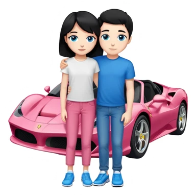 Girl with medium Black hair with blue eyes wearing a white tishirt and on that tishirt is pink ferrari and blue jeans and white Nike shoes and boy with short hair but he is not bald with brown eyes wearing white tishirt and Black jeans and white Nike shoes and they hugging each other sticker