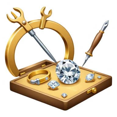 Create a bright and detailed icon representing jewelry art and the craft of making jewelry. The design should feature elements like a sparkling diamond, a gold ring, a jeweler’s tools (such as pliers and a workbench), and some delicate detailing that conveys craftsmanship and luxury. The icon should be clean, vibrant, and visually striking, with a balance of sophistication and creativity. sticker