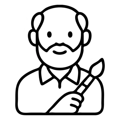 man with a round face, white hair and beard, blue collared shirt, holding a paint brush, flat icon style sticker