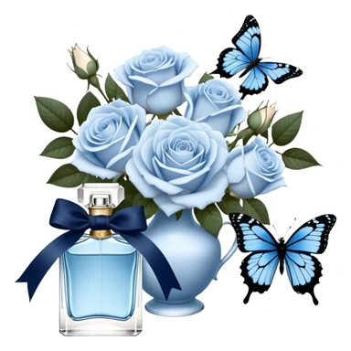 A bouquet of pale blue Ascott tea roses next to a navy aesthetic and a blue beautiful butterfly and a navy silk ribbon and a beautiful flacon of aesthetically pleasing vintage-style perfume in pearl color sticker