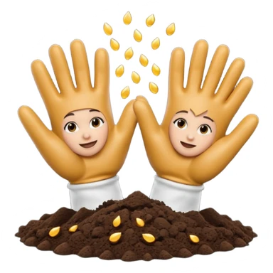A 3D cartoon pair of gloved hands holding rich dark soil, small bits falling between fingers, bright garden background, soft light, Memoji-style realism. sticker