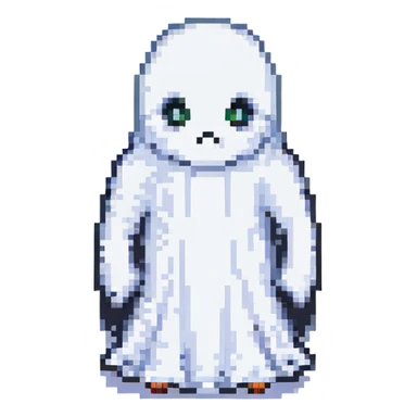 pixel art ghost, classic video game style, white with black outline sticker
