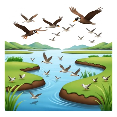 A 3D cartoon estuary with birds flying over shallow water and grassy banks, calm mood, Memoji-style realism. sticker