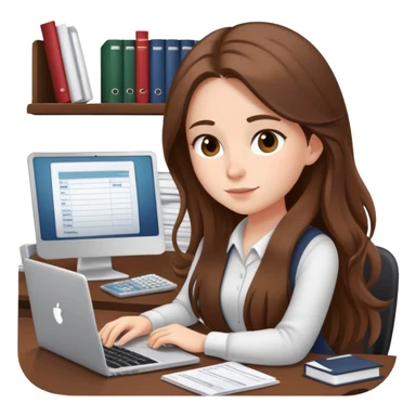Girl with long brown hair doing bookkeeping at a laptop with a cozy mug beside her officecore elegant sticker