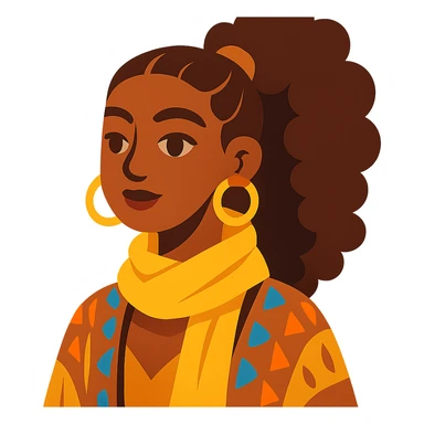 boho girl with brown skin, long curly brown hair in a high ponytail, lemon yellow scarf, round earrings sticker