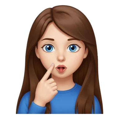 a girl with long hair, blue eyes telling to be quiet with the finger near her mouth sticker