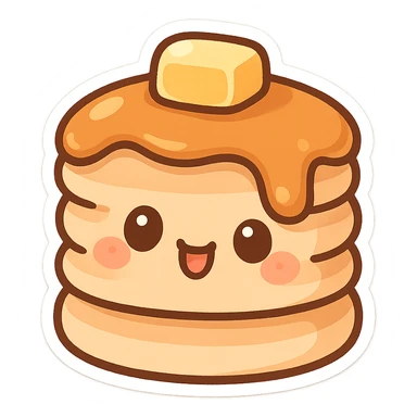 chibi sticker-style pancake stack with a smiling face, cute and exaggerated sticker