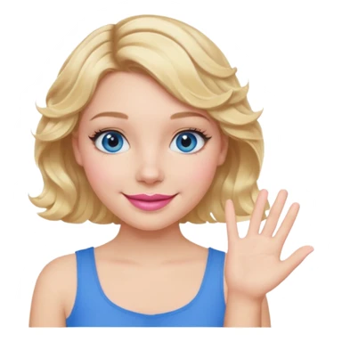 Girl Blonde short wavy hair,  blue eyes, cute blue top, long lashes, pink lips, smiling, one hand 🤷🏼‍♀️  sticker