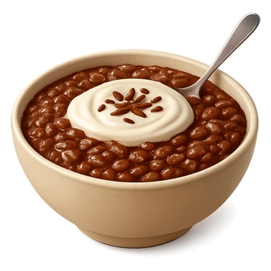 Make the champorado look like chocolate mixed with congee, with visible rice grains in a thick, glossy chocolate porridge, realistic texture, appetizing and true-to-life, keep the background transparent. Realistic and detailed food texture. sticker