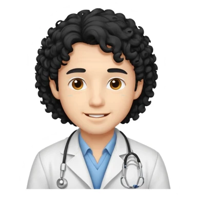 a young male doctor with black long curly hair and cheerful face sticker
