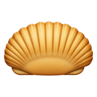 A madeleine pastry. Oval seashell shape with ONLY four to five vertical lines going in the same direction. Light golden brown. Scalloped edge. Cookie. Flat. Long. Oval shape. Lets scallops. Only four or five scalloped lines. Oblong shape. More length. Less roundness. sticker