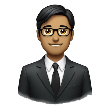 A man with glasses and a suit with straight black hair and a dark face sticker