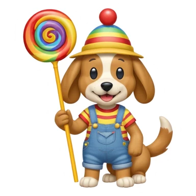 Generate a emoji of a dog with a comically large rainbow swirly lollipop with a goofy silly propeller hat, make the dog wear a striped bright yellow, red, and blue shirt with jean overalls sticker