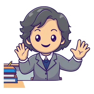 smiling English teacher with airtouch hair and grey-green eyes teaching in a classroom with chalkboard sticker