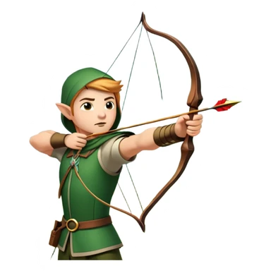 A skilled archer, resembling Robin Hood, drawing a bow and releasing an arrow towards a target. The scene captures the perfect moment of release, with the bowstring taut and the arrow flying toward the bullseye, set in a forest or archery range background. sticker