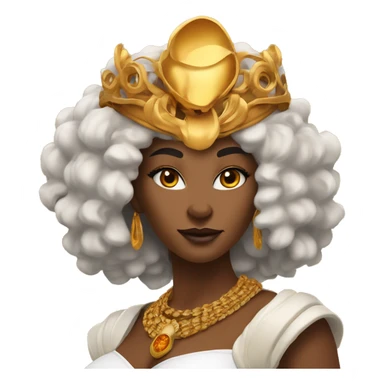 Create an emoji of a confident woman with voluminous lion-like hair, bold makeup, and gold jewelry, embodying the Leo zodiac sign with a regal expression and fiery energy. And a headgear of Leo sign sticker