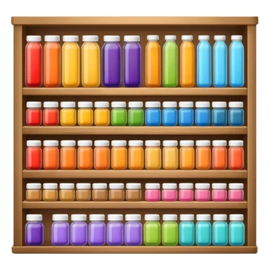 "Each product is stocked in multiple units placed directly behind one another on the same shelf, forming deep horizontal lines of identical items, while different product types are arranged vertically in separate columns." sticker