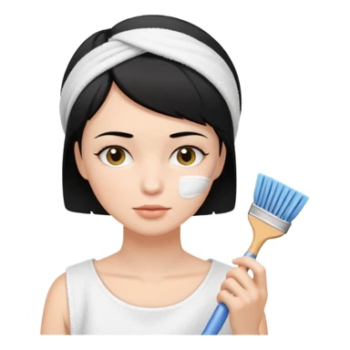 a white woman who has black short hair cleaning her face sticker