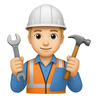 Add construction tools like a wrench and hammer to the civil engineer with blueprint in the style of apple emojis with no background. sticker