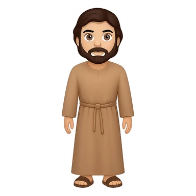 Create a full body, standing front view emoji style illustration of Saint Joseph wearing a long tan robe similar to the reference. He has dark brown hair and a beard. The style should be consistent with emoji style and the background should be removed. Produce new variations similar to previous results. sticker