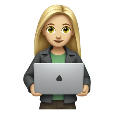 Female coder featuring a laptop. She has long dark blonde hair, green eyes, white skin. sticker