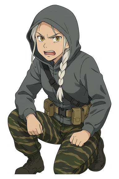 1 female, mid-20's  white hair long braid, gold yellow eyes, gray waterproof tactical shirt hoodie, hood up, single point sling, tan mag pouches on belt rig, tiger stripe camo pants, crouching, angry expression sticker